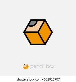 Pencil Box hexagon logo. Box emblem. ?ube pencil.