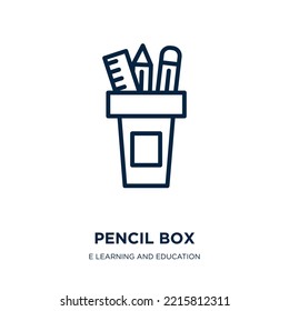 Pencil Box Icon From E Learning And Education Collection. Thin Linear Pencil Box, Pencil, Office Outline Icon Isolated On White Background. Line Vector Pencil Box Sign, Symbol For Web And Mobile