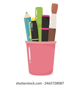 Pencil box with pencils, pen, markers and brush in cartoon flat style. Vector isolate. School.