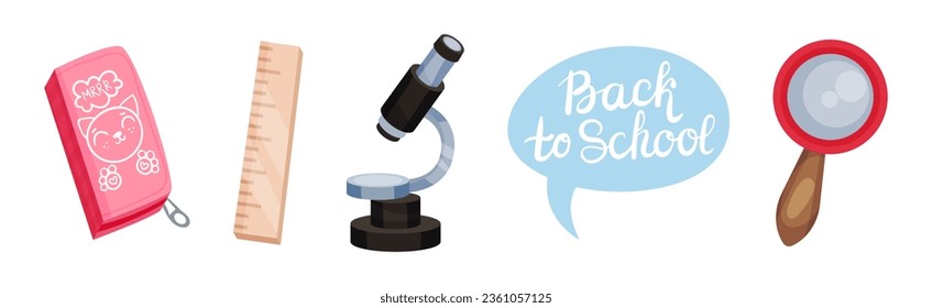 Pencil Box, Ruler, Microscope and Magnifier as Back to School Symbol and Stationery Object Vector Set