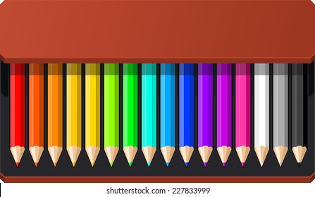 Pencil Box sixteen pencils vector illustration.