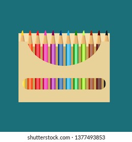 Pencil box vector icon art design education. Color draw school paper set equipment. Bright wooden tool packaging supplies