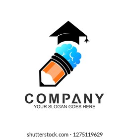 pencil + brain + toga hat, education and creativity logo design, smart think vector