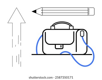 Pencil, briefcase with blue strap, and upward arrow symbolizing professional growth. Ideal for business strategy, career development, educational advancement, productivity tools, office supplies