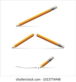 Pencil, broken pencil and pencil with a broken tip isolated on white background. Vector realistic illustration.