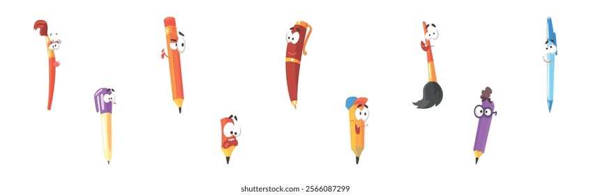 Pencil and Brush Character with Comic Face Vector Set