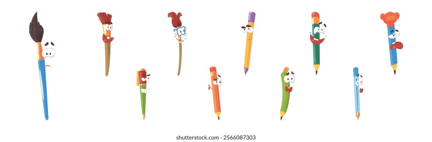 Pencil and Brush Character with Comic Face Vector Set