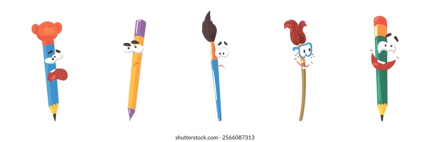 Pencil and Brush Character with Comic Face Vector Set