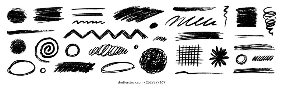 Pencil brush crayon marker chalk texture line stroke element set. Hand drawn crayon pencil brush stroke texture line charcoal shape. Chalk scratch hand drawn style background. Vector illustration