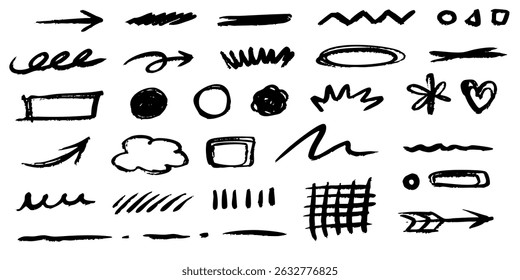 Pencil brush crayon marker chalk texture line stroke element set. Hand drawn crayon pencil brush stroke texture line charcoal shape. Chalk scratch hand drawn style background. Vector illustration