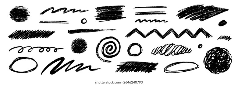 Pencil brush crayon marker chalk texture line stroke element set. Hand drawn crayon pencil brush stroke texture line charcoal shape. Chalk scratch hand drawn style background. Vector illustration