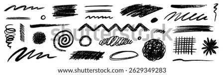 Pencil brush crayon marker chalk texture line stroke element set. Hand drawn crayon pencil brush stroke texture line charcoal shape. Chalk scratch hand drawn style background. Vector illustration