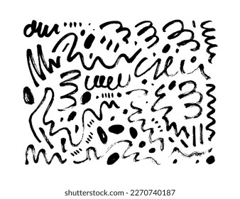 Pencil and brush curly lines and squiggles. Scribble brush strokes vector set. Hand drawn marker scribbles, curved lines. Black pencil sketches. Squiggles and daubs isolated on white background.