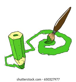 Pencil and brush. Pencil with a drawn curve. Brush with traces of paint. Vector illustration.