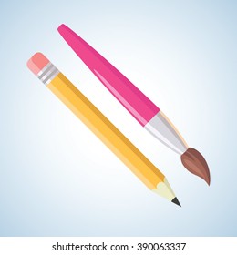 Pencil and brush. Flat style paint and writing art tools vector set
