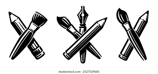 Pencil, brush, fountain pen. Art emblem or symbol. Hand drawn black and white vector drawing