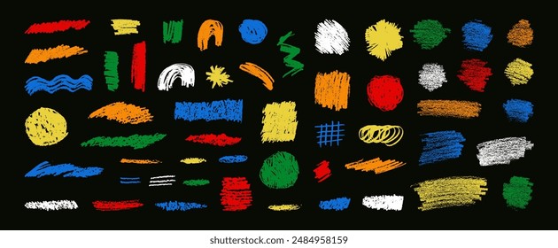 Pencil brush lines. Vector colorful crayon chalk scribbles. Kids abstract chalk scribbles in bright colors. Vector hand-drawn textured shapes. Oil pastel smears, scrawls, scratches. Kids crayon lines 