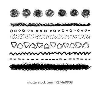 Pencil, brush, marker strokes isolated. Abstract kids, children drawing. Set collections. Vector artwork. Black and white, monochrome. Hand drawn, paper texture. Back to school