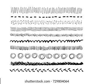 Pencil, brush, marker strokes isolated. Abstract kids, children drawing. Set collections. Vector artwork. Black and white, monochrome. Hand drawn, paper texture. Back to school