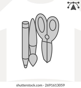 Pencil with brush and scissors isometric icon, stationery concept. Vector graphics. Three tools sign and editable stroke, outline style icon for mobile or web design