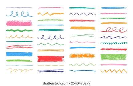 Pencil brush strokes. Grunge crayon texture. Color grungy stain and line. Thick and thin, curly stripes. Wavy paint brushes, pen lines. Hand drawn scribbles vector elements.