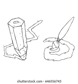 Pencil and brush. Vector illustration pencil with a drawn curve. Brush with traces of paint.