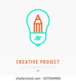 Pencil in bulb: concept of creativity and innovation. Thin line icon. Modern vector illustration for logo.