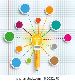 Pencil and bulb with connected circles on the checked paper background. Eps 10 vector file.