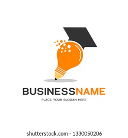 Pencil with bulb lamp, student hat vector logo template. This logo is suitable for education.
