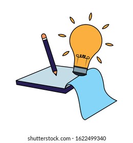 pencil with bulb light and notebook over white background, vector illustration