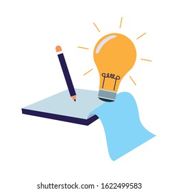 pencil with bulb light and notebook over white background, colorful design, vector illustration
