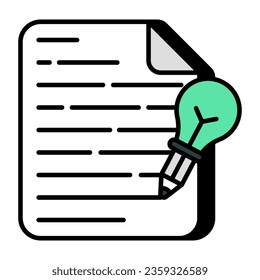 Pencil with bulb on paper, flat design of content writing