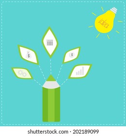 Pencil with business icons and light bulb sun. Idea concept. Vector illustration