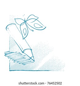 Pencil and a butterfly, icon, simple linear drawing