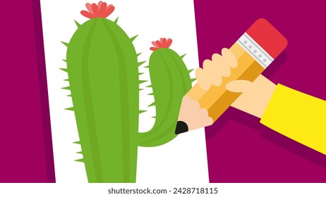 Bleistift und Kaktus. Vektorgrafik. Flacher Design-Stil.