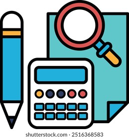 A pencil, a calculator, and a magnifying glass. Concept of problem-solving and attention to detail