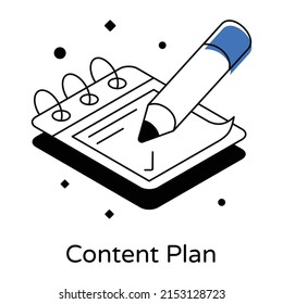 Lápiz con calendario, icono isométrico del plan de contenido

