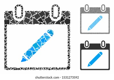 Pencil calendar page composition of bumpy parts in different sizes and shades, based on pencil calendar page icon. Vector tremulant parts are organized into collage.