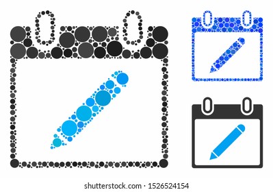 Pencil calendar page composition for pencil calendar page icon of small circles in various sizes and color tones. Vector small circles are grouped into blue composition.