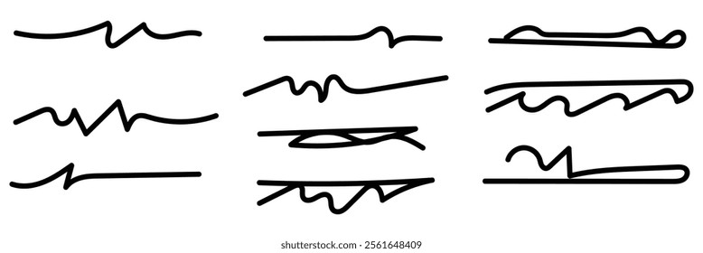 Pencil and calligraphy vector brushes: perfect for highlighting text in apps, banners. Flexible, stylish, easily changeable colors black, red and yellow. Set of handmade lines, brush line. Eps 10
