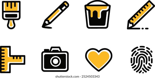 Lápiz, cámara, conjunto de iconos de amor