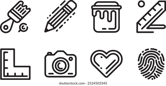 Lápiz, cámara, conjunto de iconos de amor
