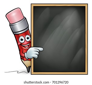 A pencil cartoon character education mascot  pointing at a school blackboard