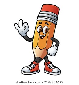 A pencil cartoon character, looking happy and friendly, wearing red shoes and white gloves