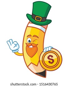 pencil cartoon character mascot vector design with green hat patrick day 
