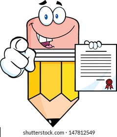 Pencil Cartoon Character Pointing With Finger And Holding A Contract