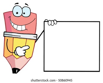 Pencil Cartoon Character Presenting A Blank Sign