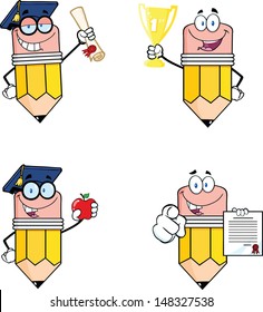 Pencil Cartoon Characters. Set Vector Collection 4