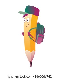 Pencil cartoon. Cute humanized pencil character with arms and face emoji illustration with school bag on their back