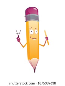 Pencil cartoon. Cute humanized pencil character with arms and face emoji illustration with school supplies